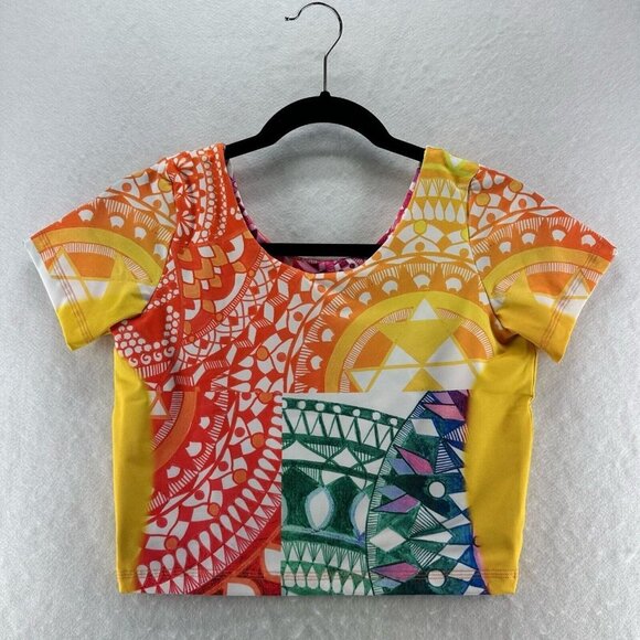 Om Shanti Tops - Om Shanti Top Womens Size M Geometric Print Cropped Short Sleeve Multicolor